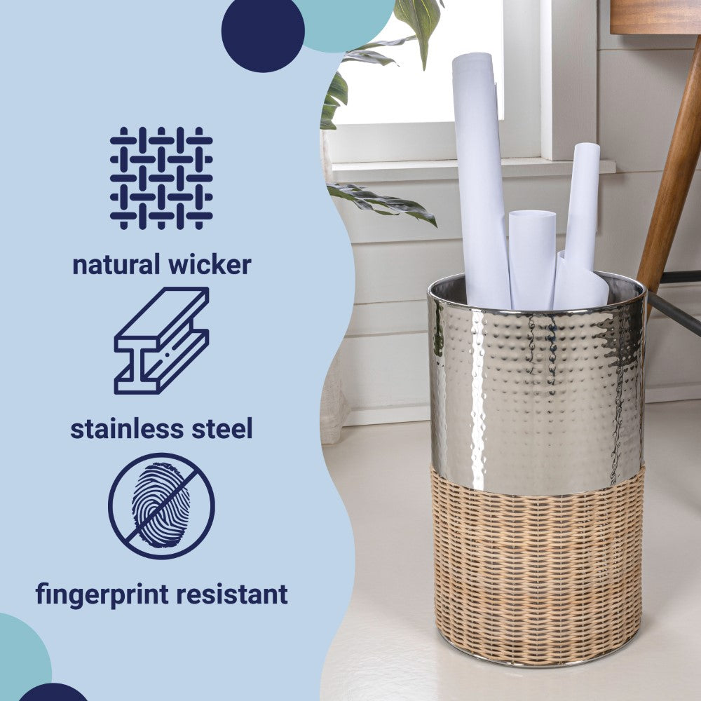 Asher Modern 4.13-Gallon 2-Tone Faux Wicker/Metal Cylinder Waste Basket - Happimess