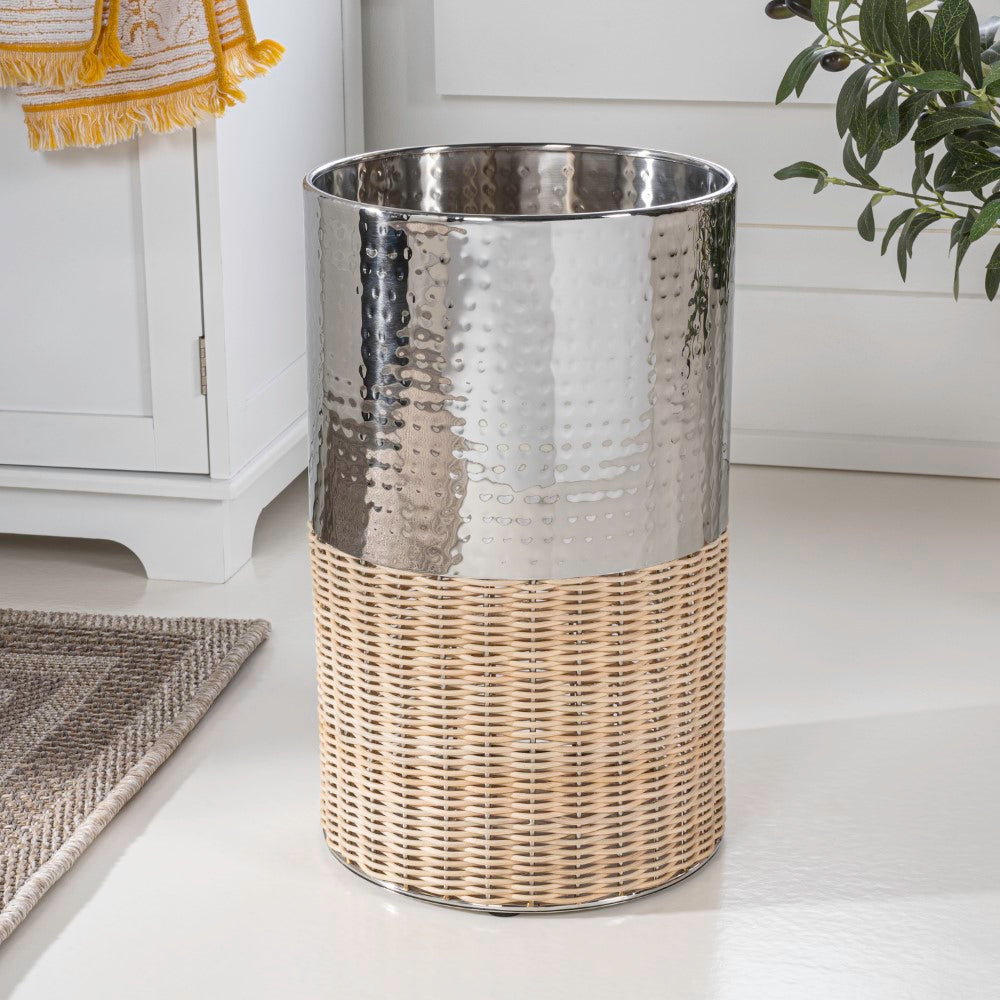 Asher Modern 4.13-Gallon 2-Tone Faux Wicker/Metal Cylinder Waste Basket - Happimess