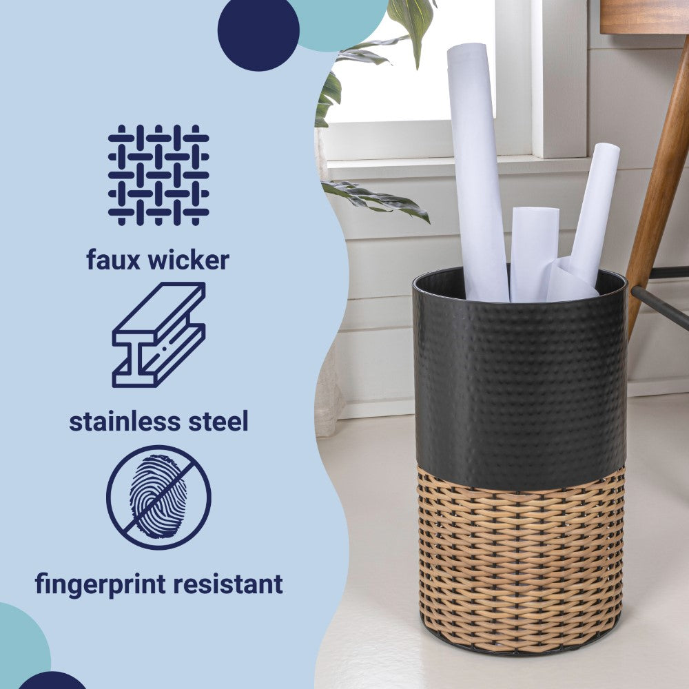 Asher Modern 4.13-Gallon 2-Tone Faux Wicker/Metal Cylinder Waste Basket - Happimess