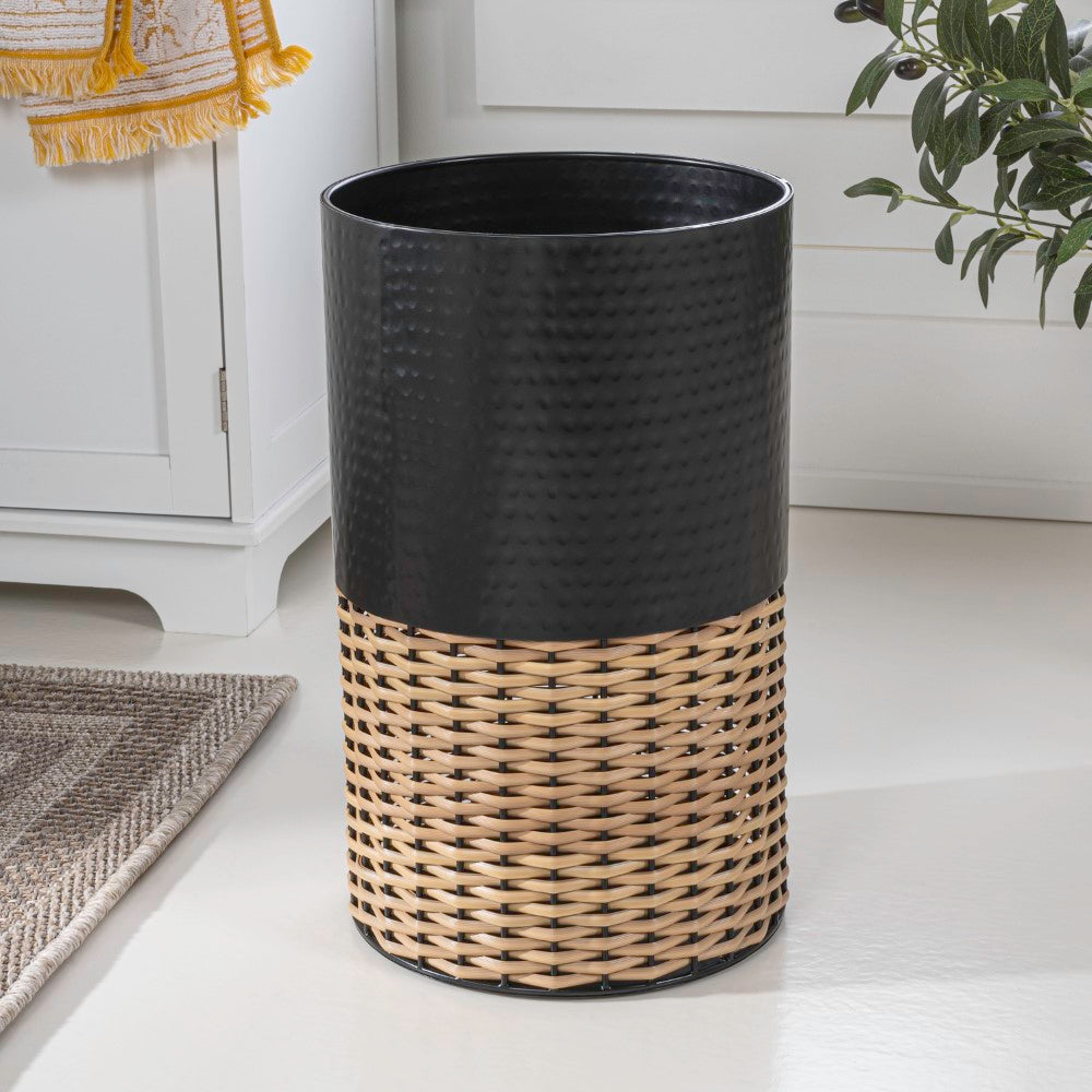 Asher Modern 4.13-Gallon 2-Tone Faux Wicker/Metal Cylinder Waste Basket - Happimess