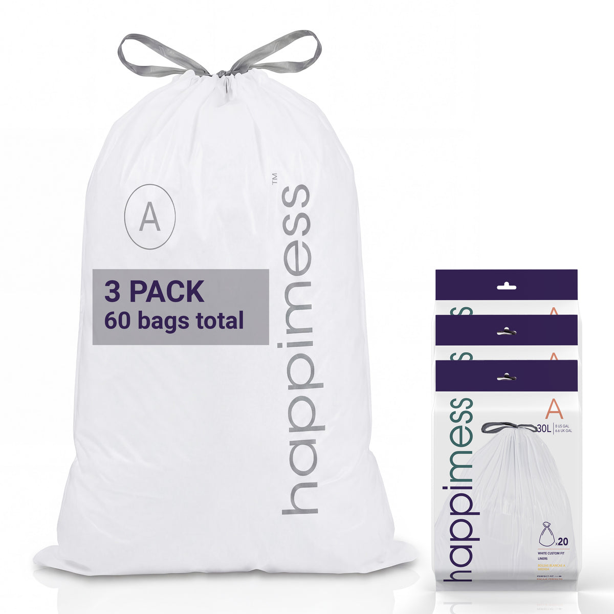 happimess 8 Gallon (30L) Drawstring Unscented Trash Can Liner, White (60-Count - White