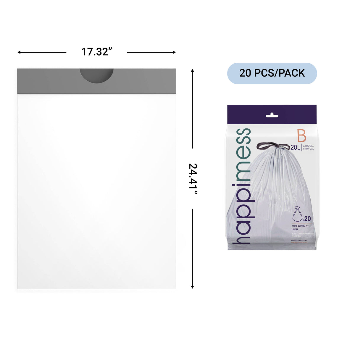 happimess 5.3 Gallon (20L) Drawstring Unscented Trash Can Liner, Clear (60-Count - Clear