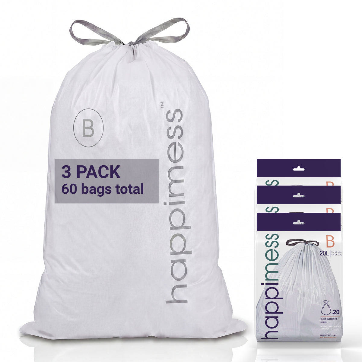 happimess 5.3 Gallon (20L) Drawstring Unscented Trash Can Liner, Clear (60-Count - Clear