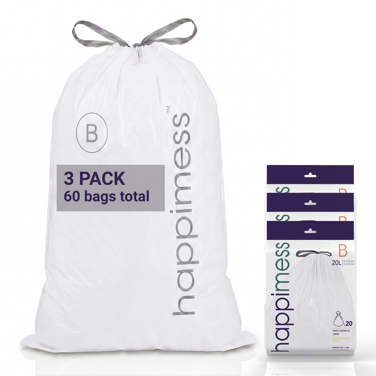 happimess 5.3 Gallon (20L) Drawstring Unscented Trash Can Liner, White (60-Count - White