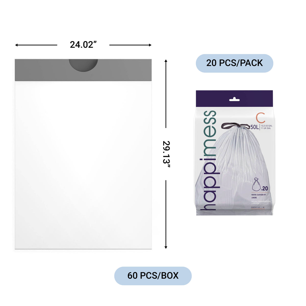 happimess 13.2 Gallon (50L) Lavender Scented Drawstring Trash Can Liner, White (60-Count - White