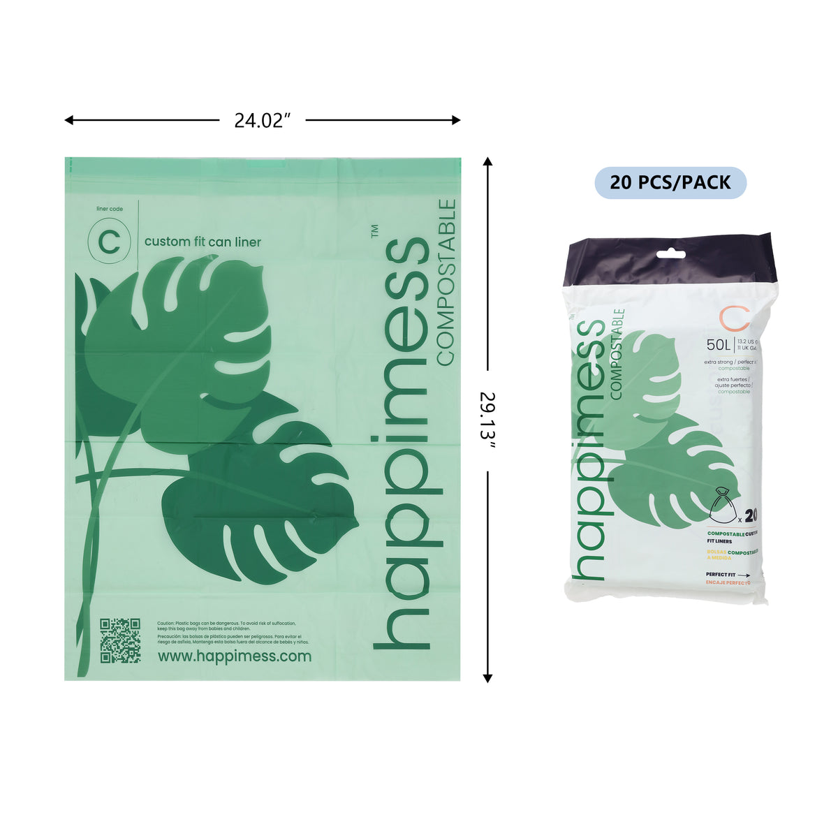Happimess 13.2 Gallon (50L) Drawstring Compostable Trash Can Liner, Green (60-Count - Green