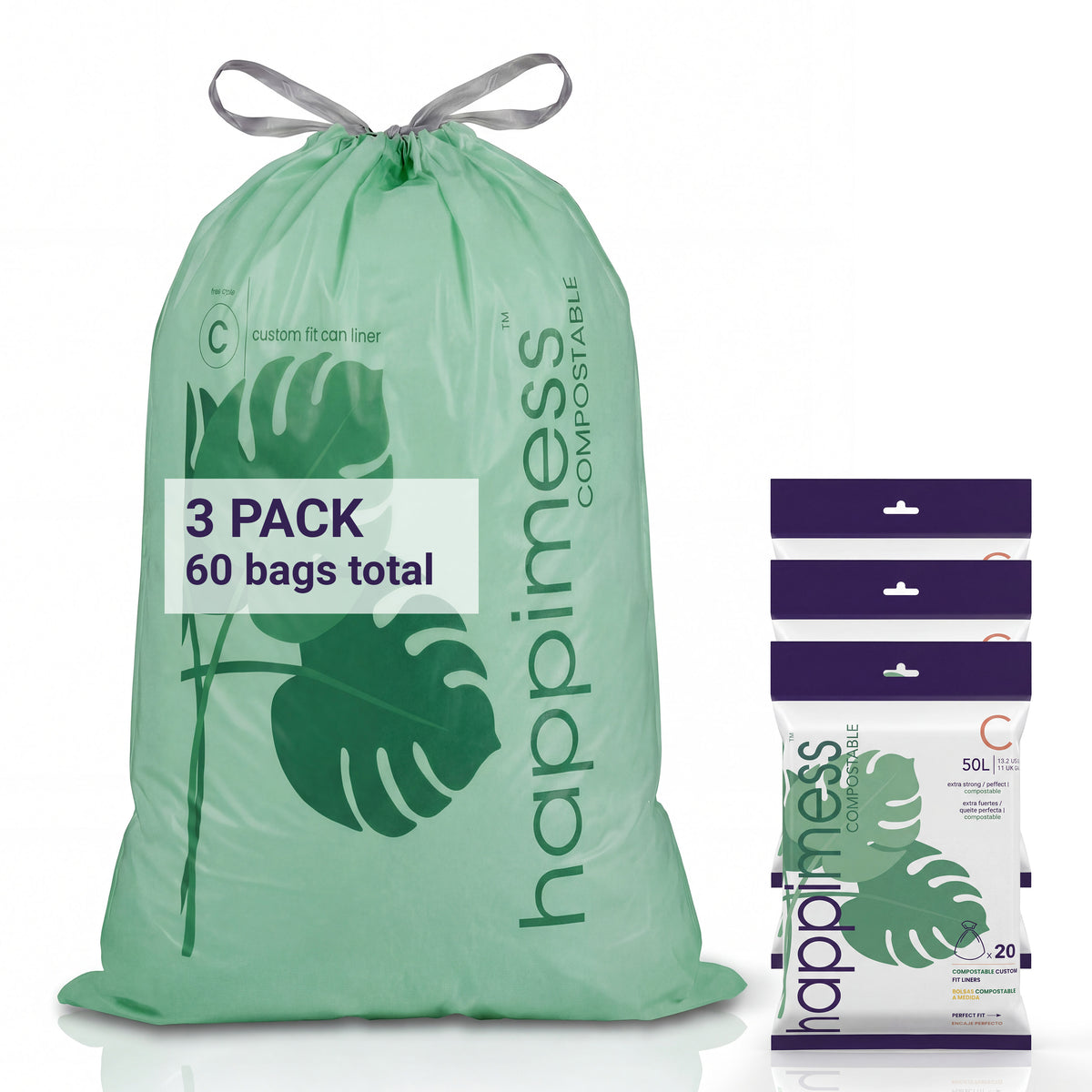 Happimess 13.2 Gallon (50L) Drawstring Compostable Trash Can Liner, Green (60-Count - Green