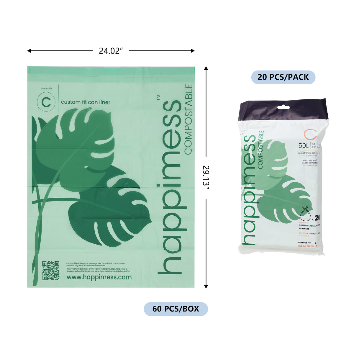happimess 13.2 Gallon (50L) Drawstring Compostable Trash Can Liner, Green (60-Count - Green