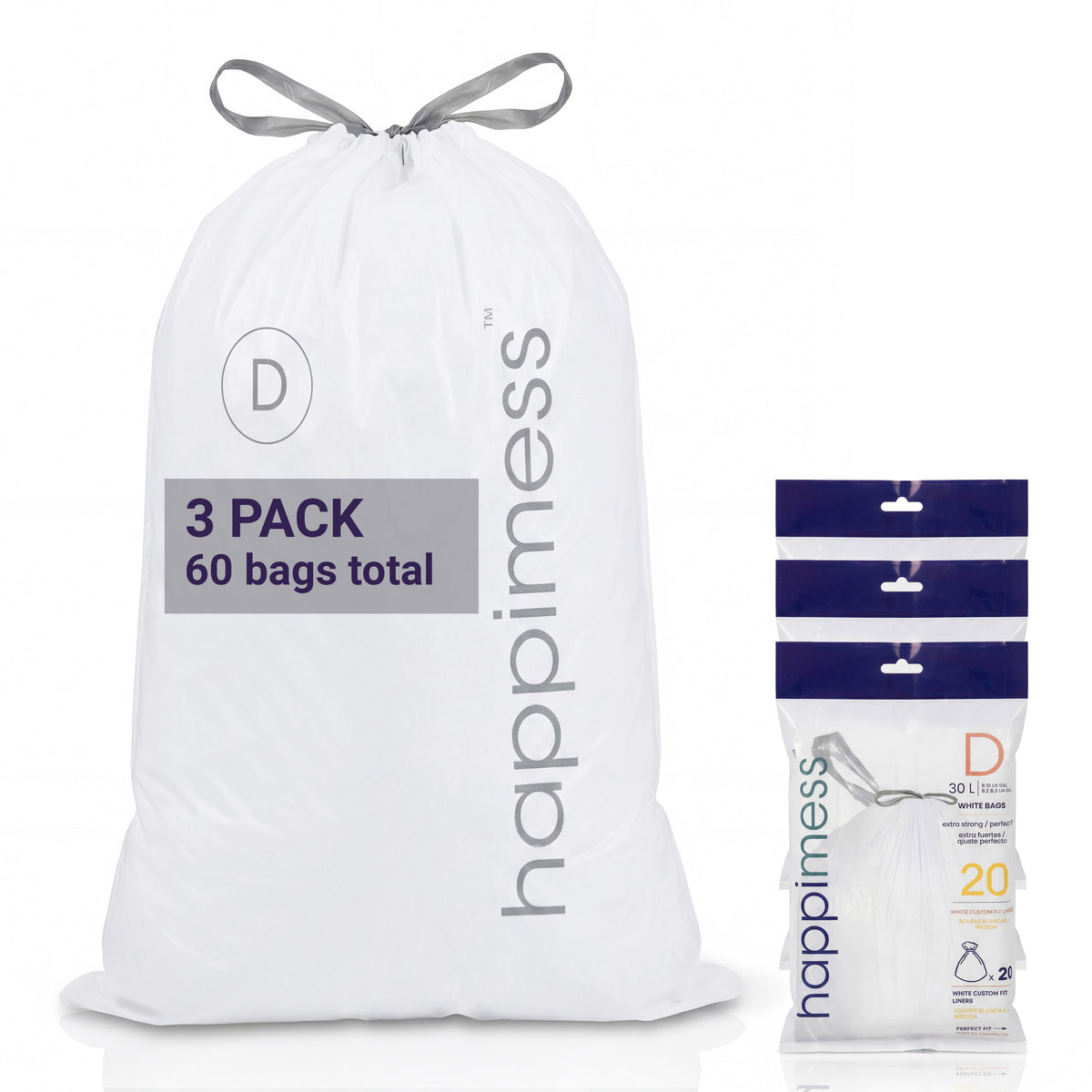 Happimess 8 Gallon (30L) Drawstring Unscented Slim Trash Can Liner, White (60-Count - White