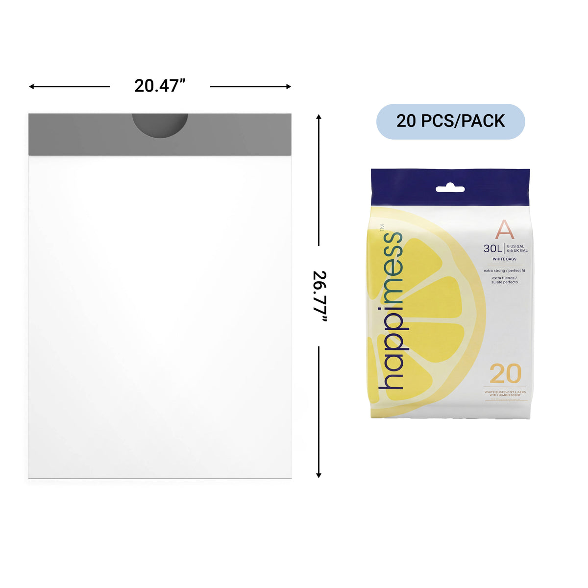happimess 8 Gallon (30L) Lemon Scented Drawstring Trash Can Liner, White (60-Count - White