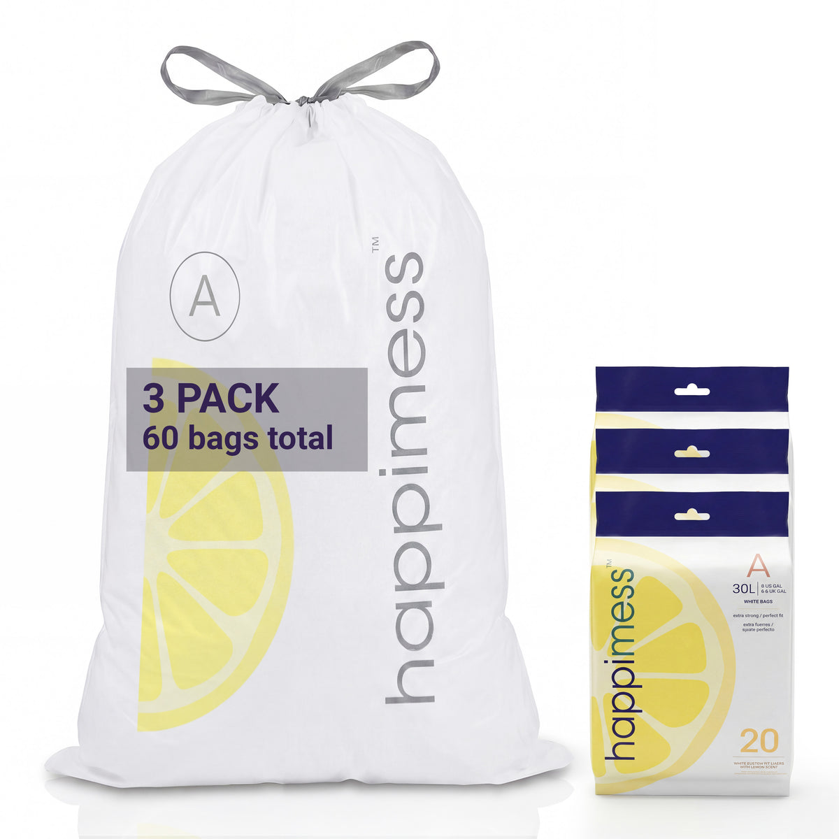 happimess 8 Gallon (30L) Lemon Scented Drawstring Trash Can Liner, White (60-Count - White