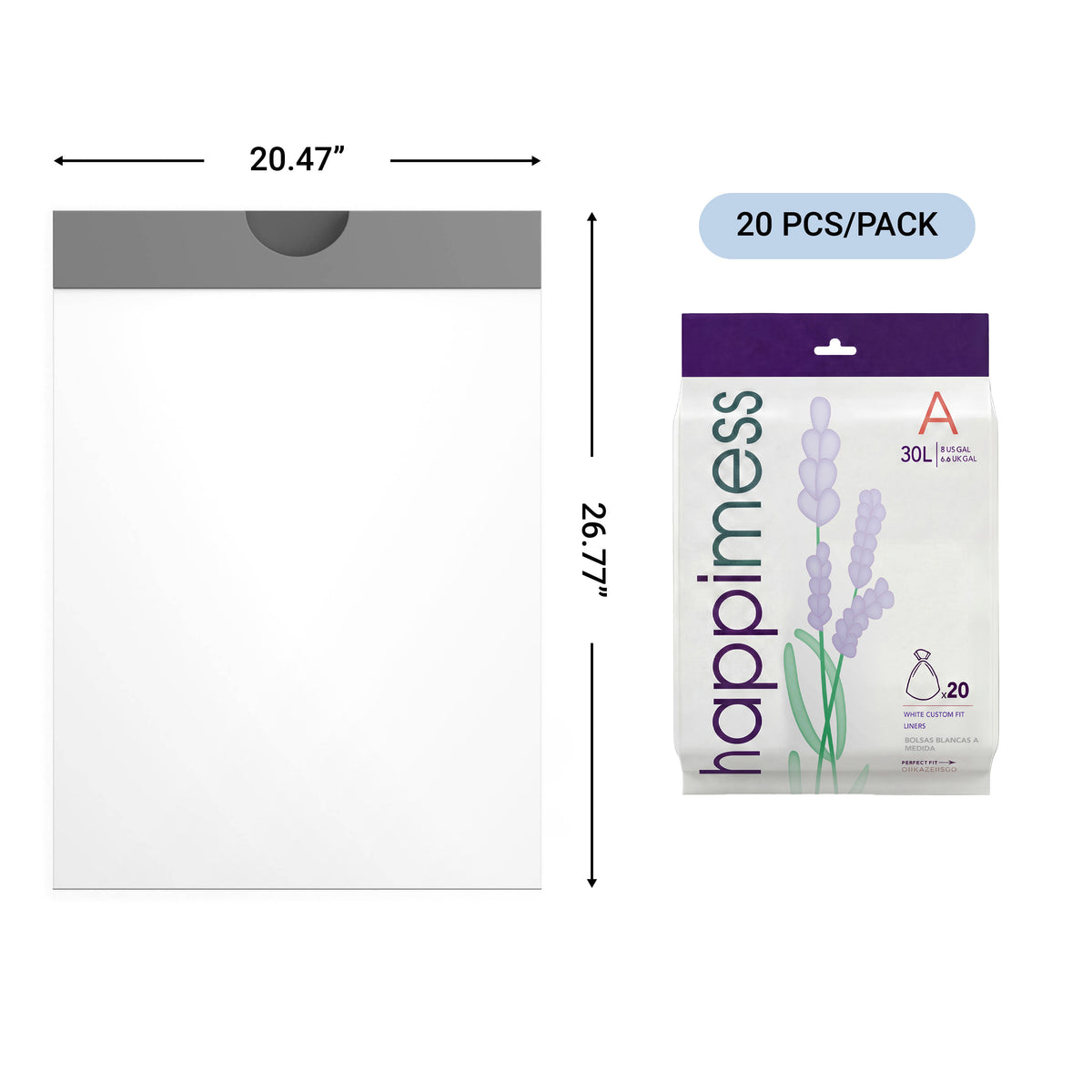 happimess 8 Gallon (30L) Lavender Scented Drawstring Trash Can Liner, White (60-Count - White