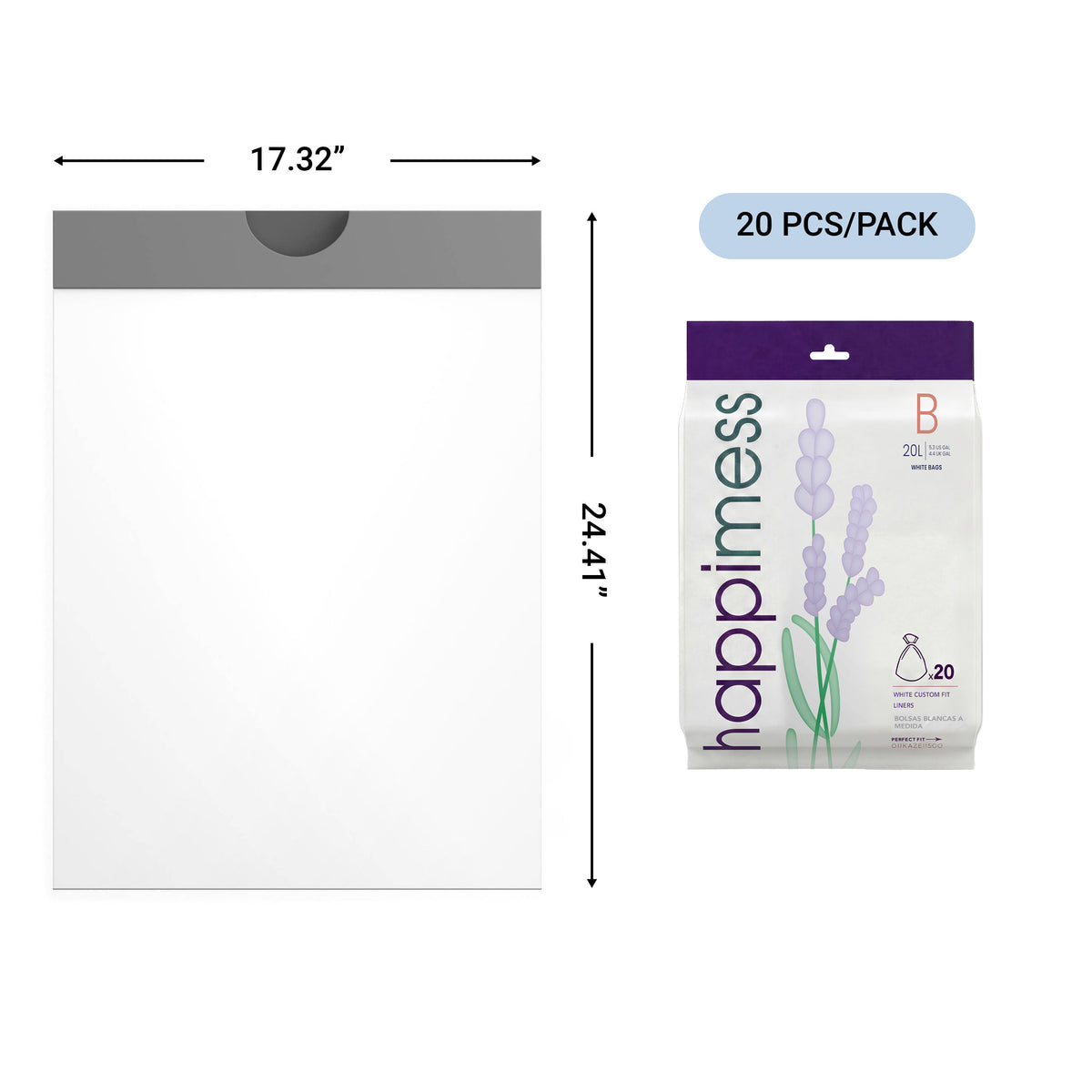 happimess 5.3 Gallon (20L) Lavender Scented Drawstring Trash Can Liner, White (60-Count - White