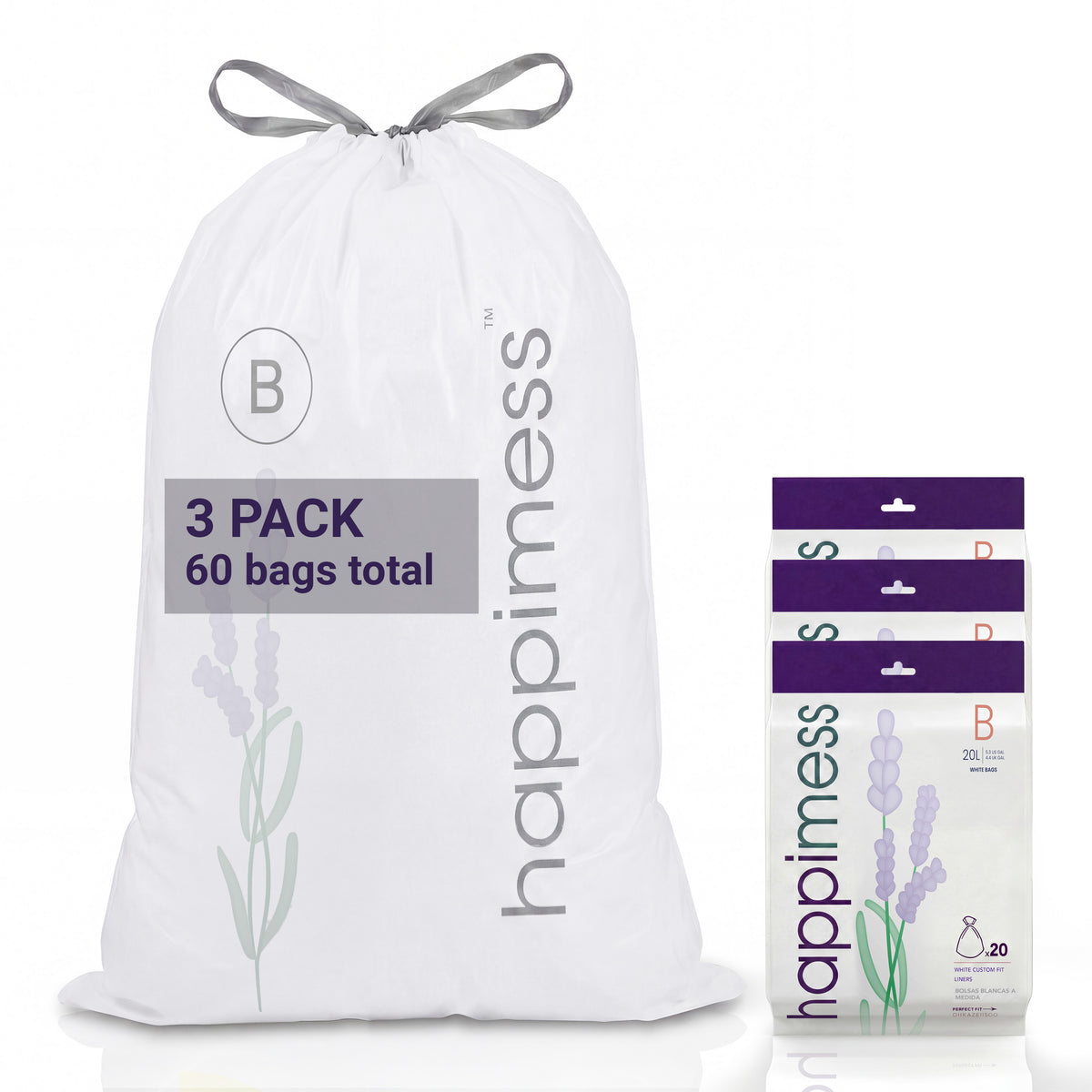 happimess 5.3 Gallon (20L) Lavender Scented Drawstring Trash Can Liner, White (60-Count - White