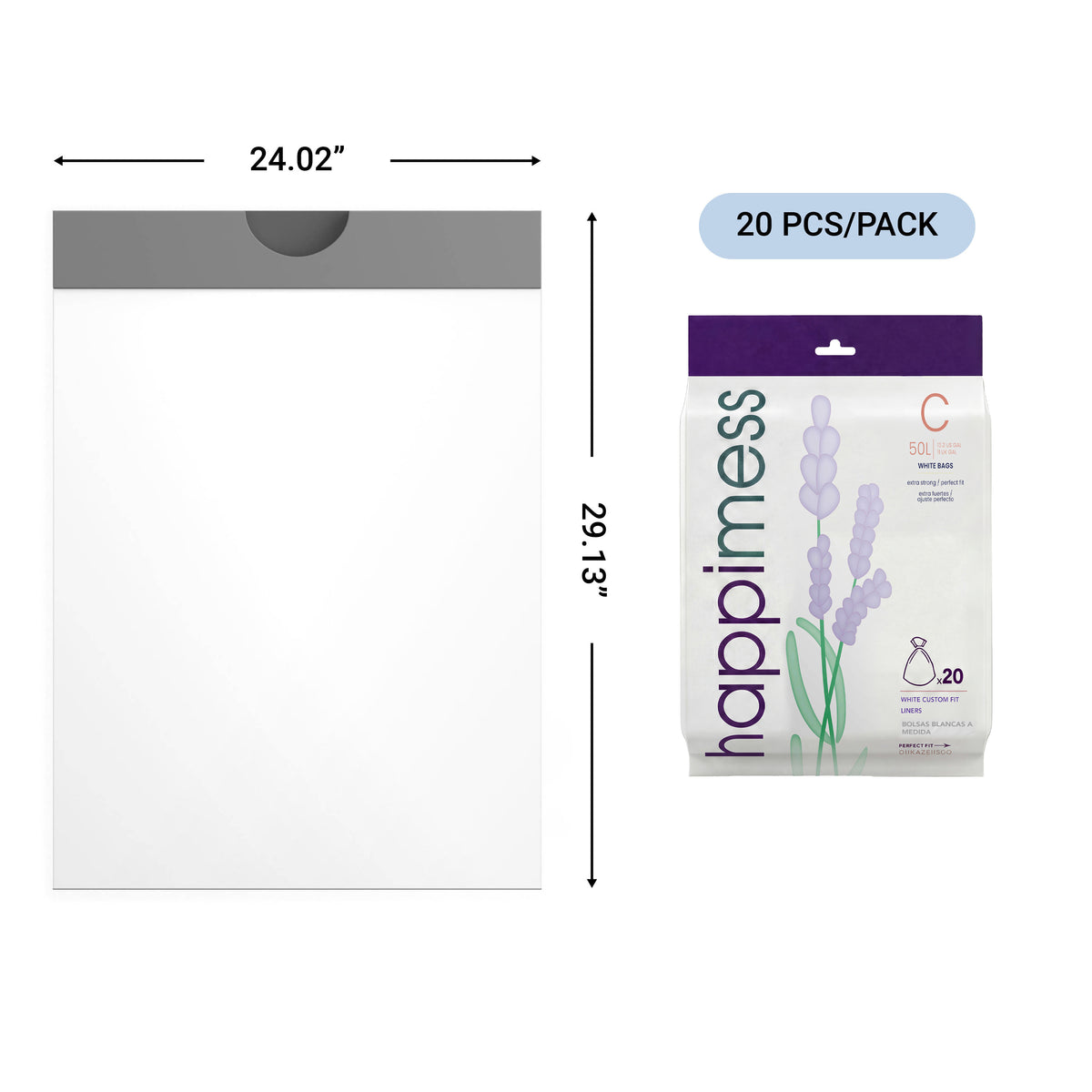 happimess 13.2 Gallon (50L) Lavender Scented Drawstring Trash Can Liner, White (60-Count - White