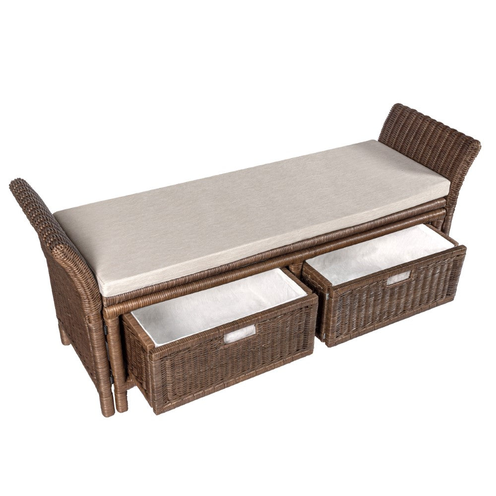 Tropic 52" 2 Drawer Wicker Storage Bench wih Linen Cushion - Happimess