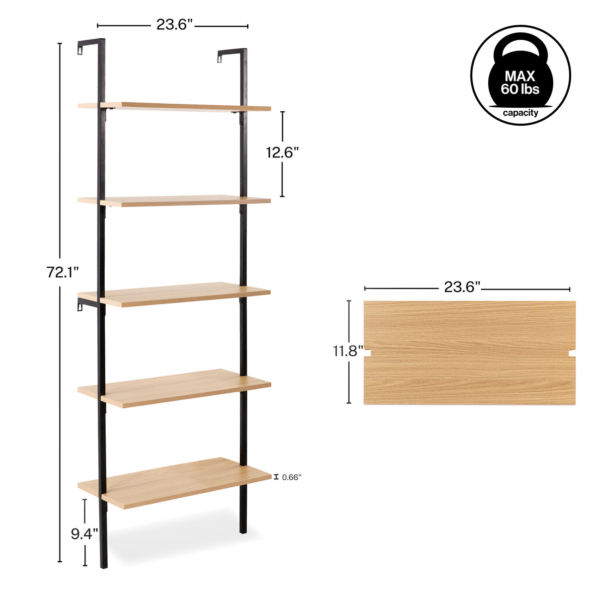 Madera 72.05" Industrial Wall-Mounted Bookcase with Metal Frame - Happimess