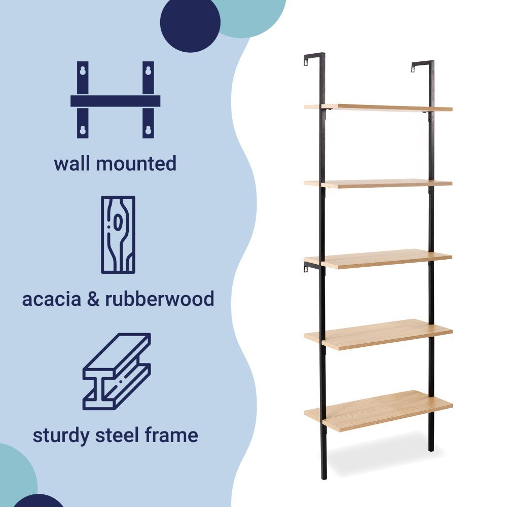 Madera 72.05" Industrial Wall-Mounted Bookcase with Metal Frame - Happimess