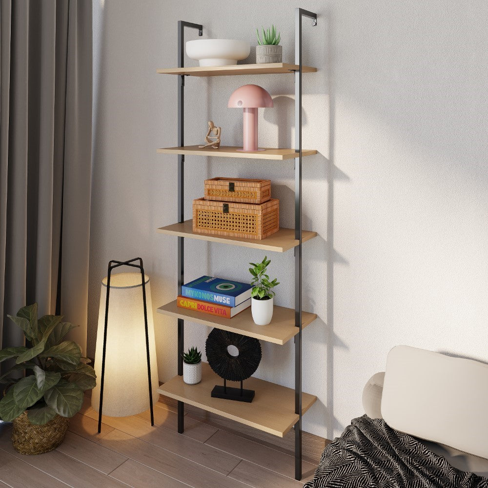 Madera 72.05" Industrial Wall-Mounted Bookcase with Metal Frame - Happimess