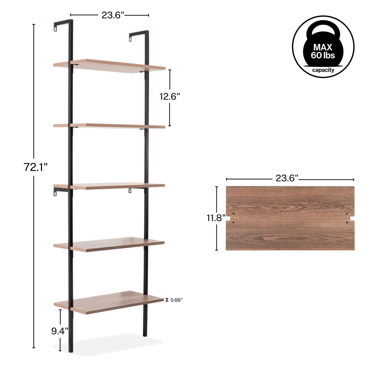 Madera 72.05" Industrial Wall-Mounted Bookcase with Metal Frame - Happimess