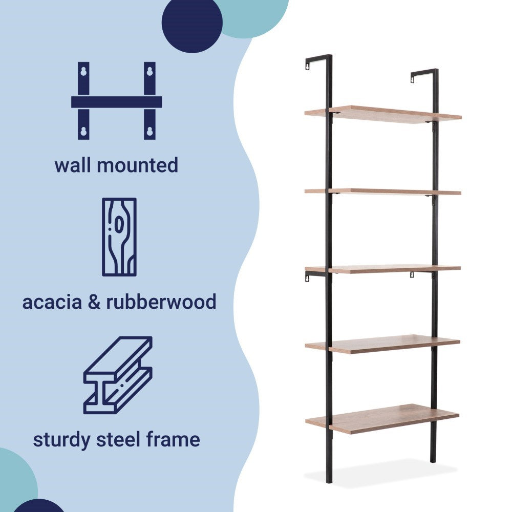 Madera 72.05" Industrial Wall-Mounted Bookcase with Metal Frame - Happimess