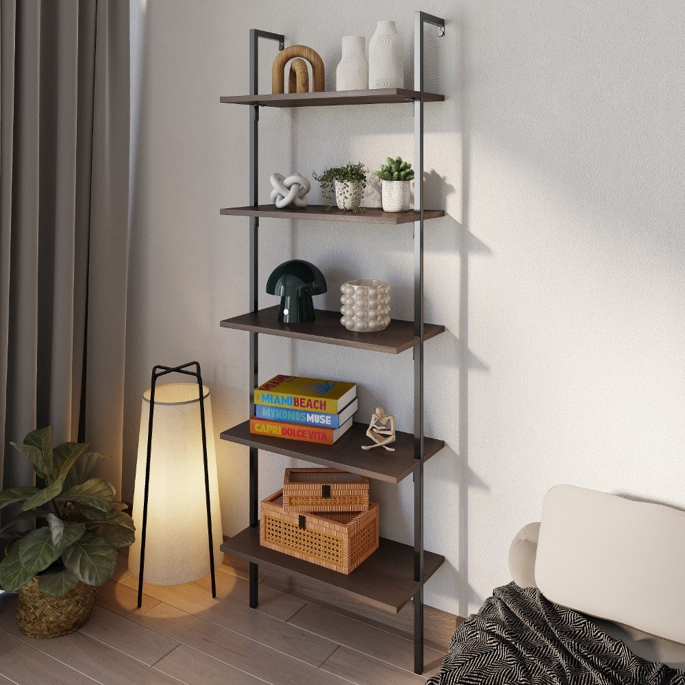 Madera 72.05" Industrial Wall-Mounted Bookcase with Metal Frame - Happimess