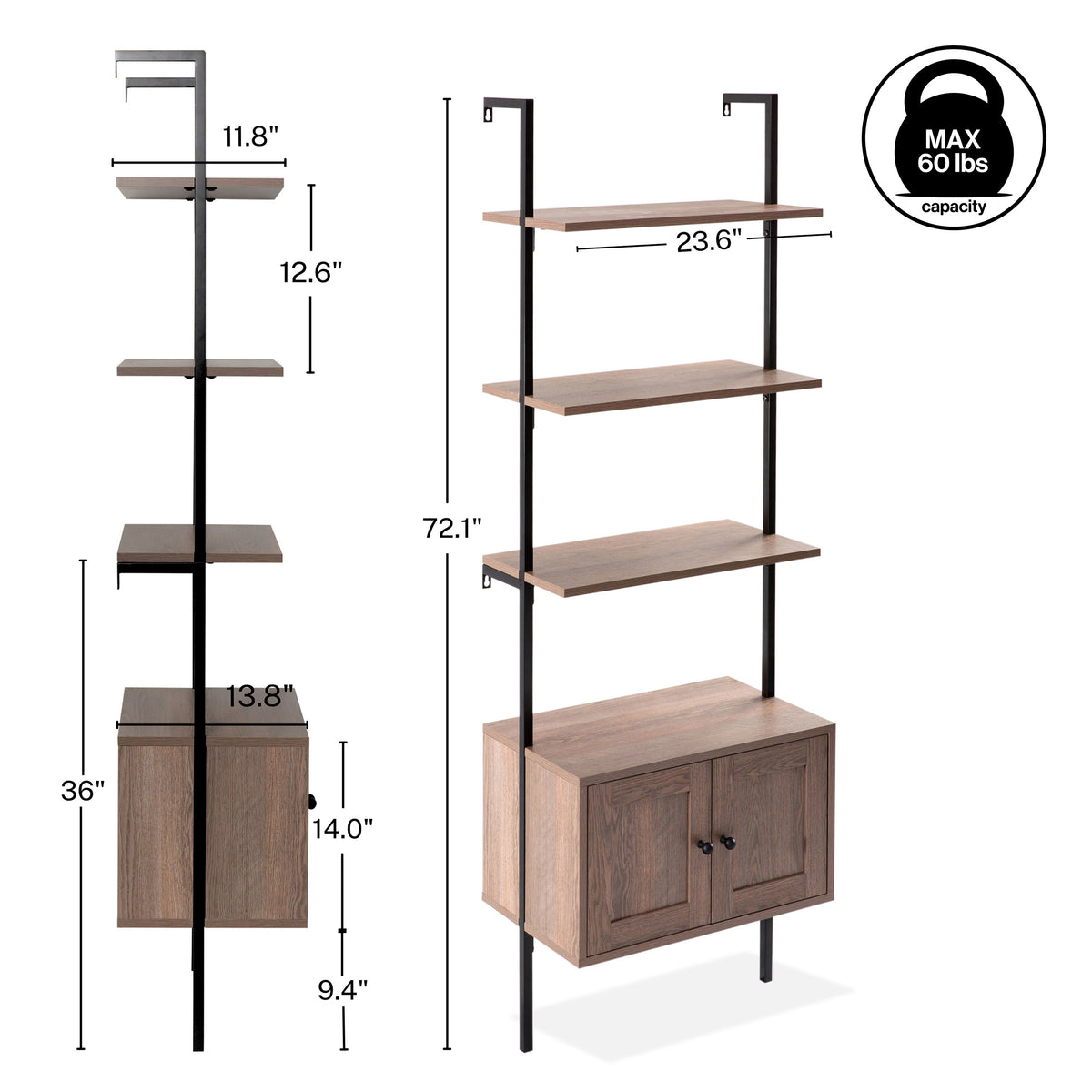 Tulare 72.05" Industrial Wall-Mounted Bookcase - Happimess