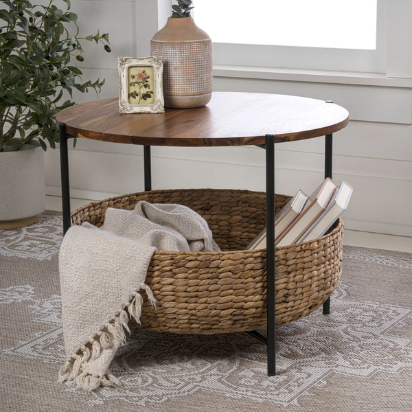 Carly 24.21" Modern Coastal Round Acacia Wood/Water Hyacinth Coffee Table with Storage Basket