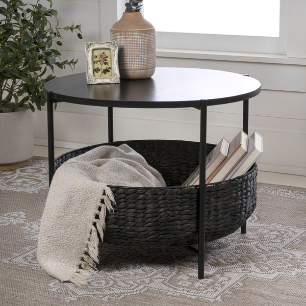 Carly 24.21" Modern Coastal Round Acacia Wood/Water Hyacinth Coffee Table with Storage Basket