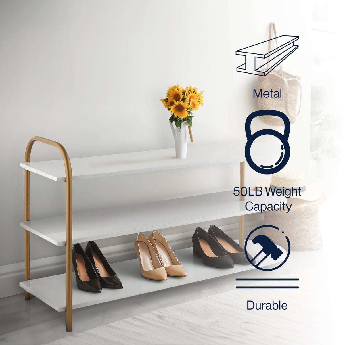 Modern 24" 9-Pair 3-Tier Iron Curved Decker Shoe Rack - Happimess