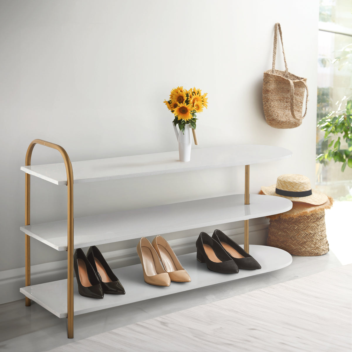 Modern 24" 9-Pair 3-Tier Iron Curved Decker Shoe Rack - Happimess