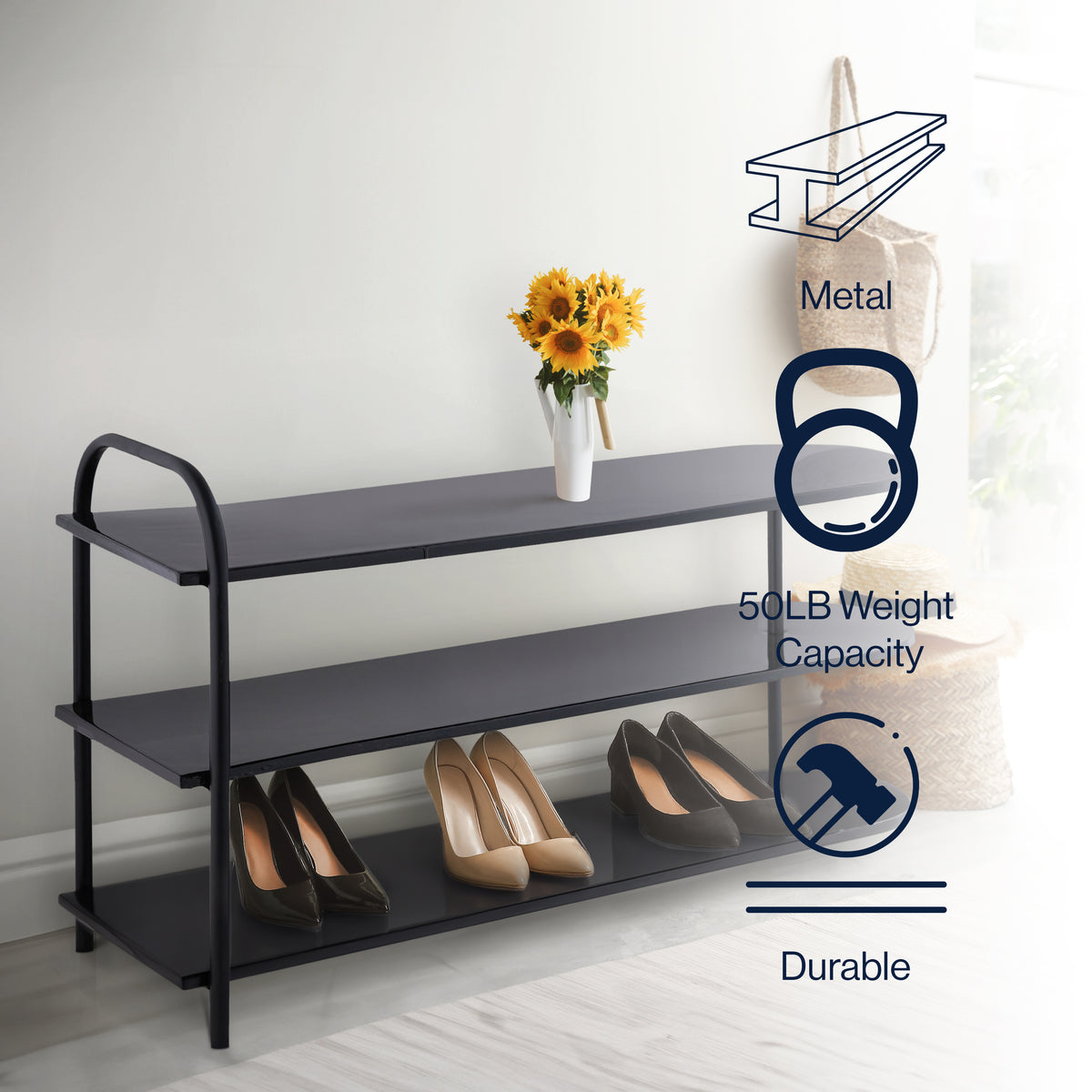 Modern 24" 9-Pair 3-Tier Iron Curved Decker Shoe Rack - Happimess