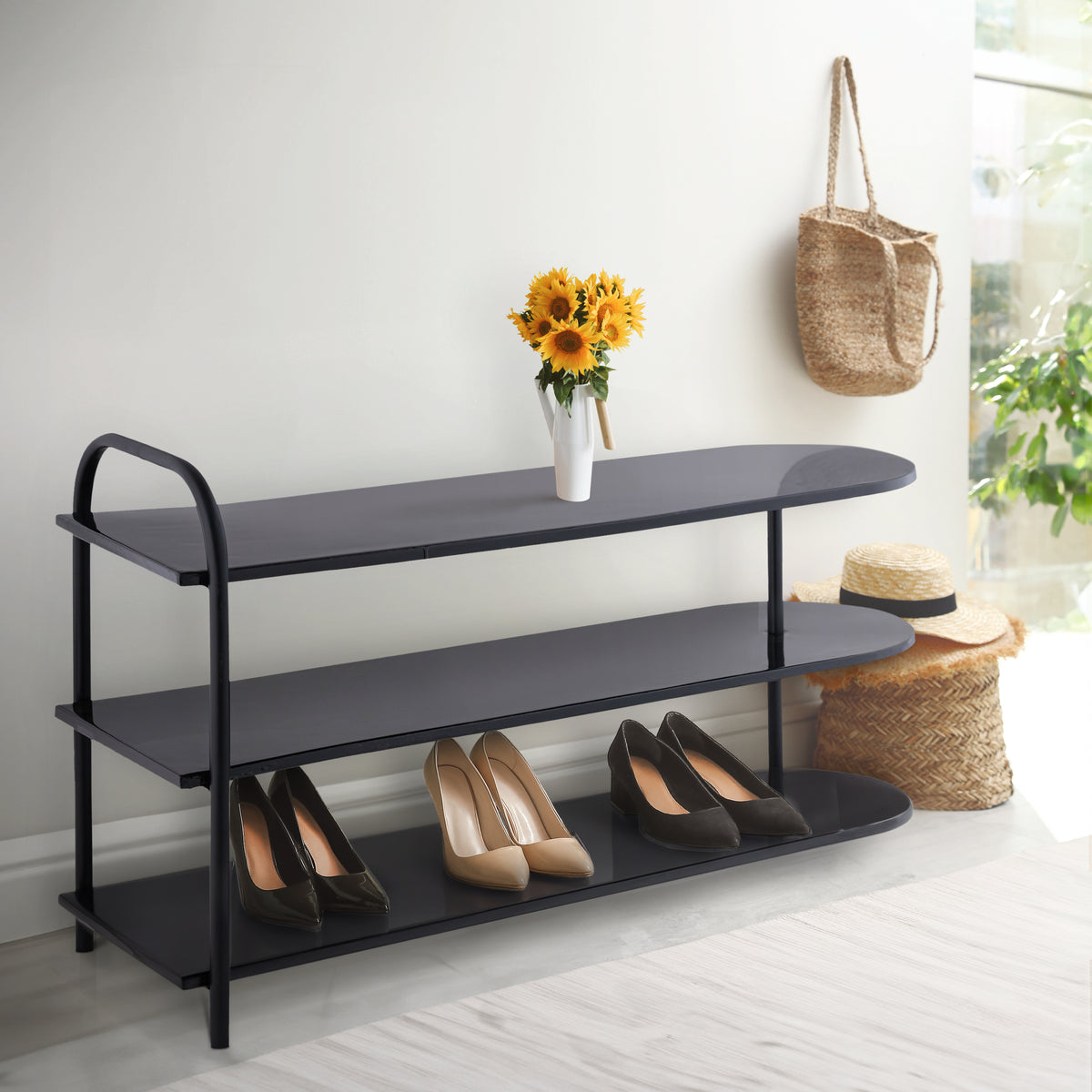 Modern 24" 9-Pair 3-Tier Iron Curved Decker Shoe Rack - Happimess