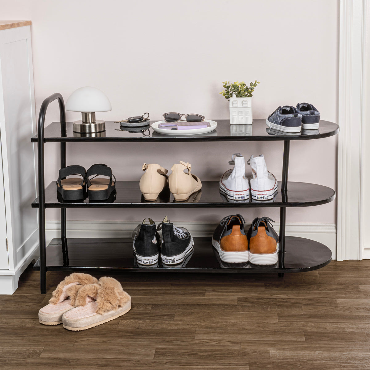 Modern 24" 9-Pair 3-Tier Iron Curved Decker Shoe Rack - Happimess