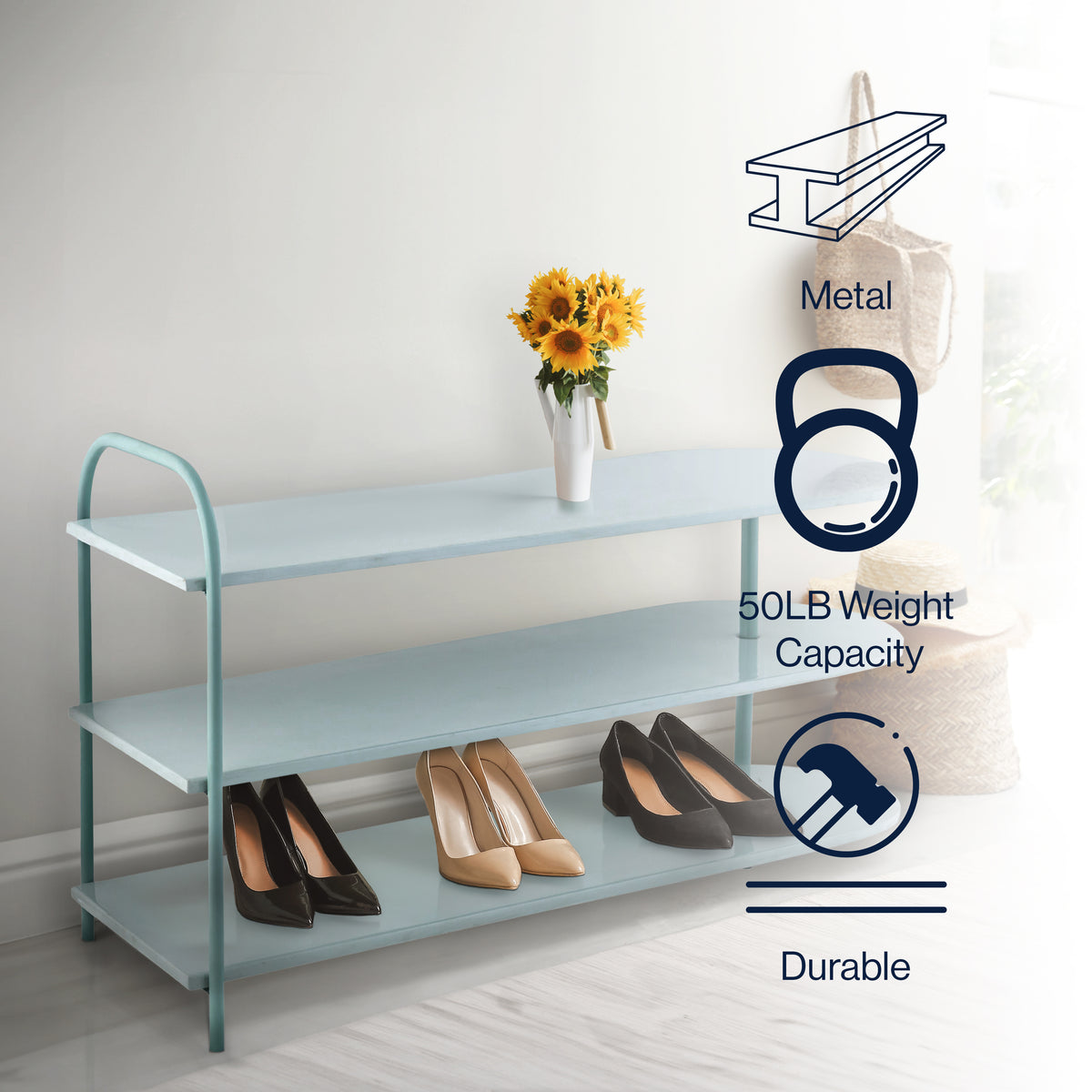 Modern 24" 9-Pair 3-Tier Iron Curved Decker Shoe Rack - Happimess