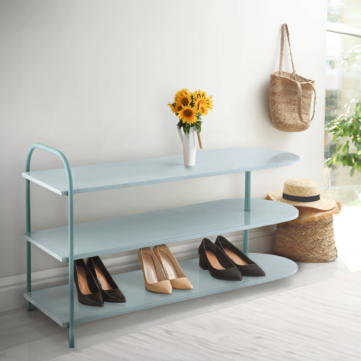 Modern 24" 9-Pair 3-Tier Iron Curved Decker Shoe Rack - Happimess