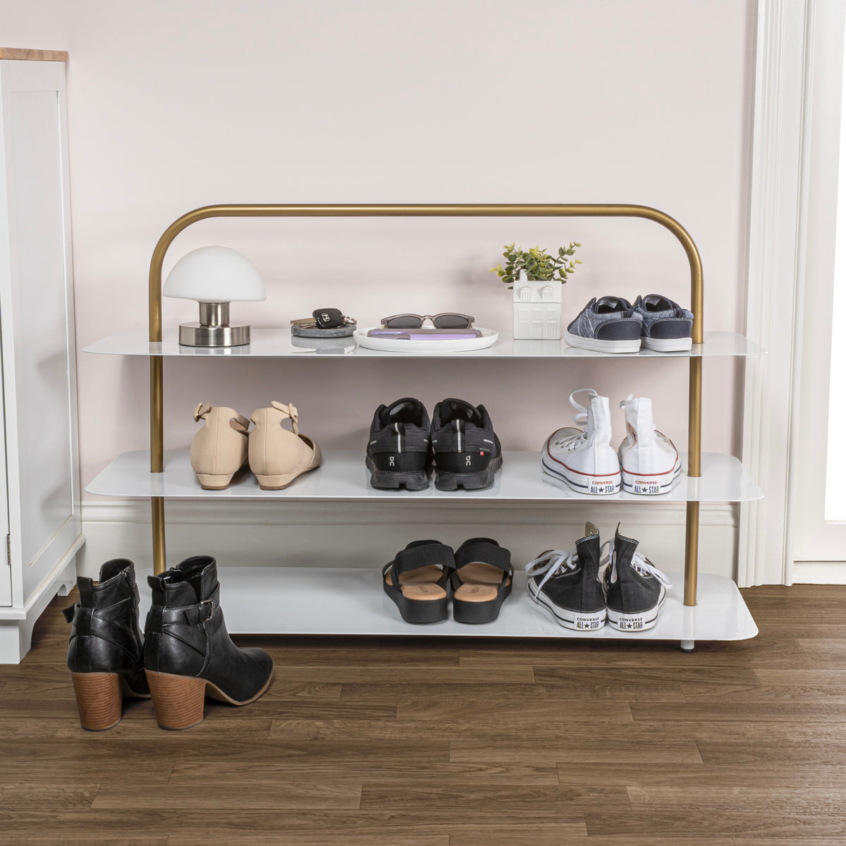 Minimalist 24.5" 9-Pair 3-Tier Iron Thin Flat Plate Shoe Rack - Happimess