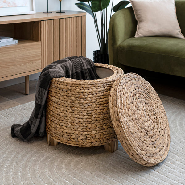 Addie 17.72" Modern Coastal Handwoven Water Hyacinth Storage Ottoman with Lid