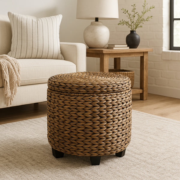 Addie 17.72" Modern Coastal Handwoven Water Hyacinth Storage Ottoman with Lid