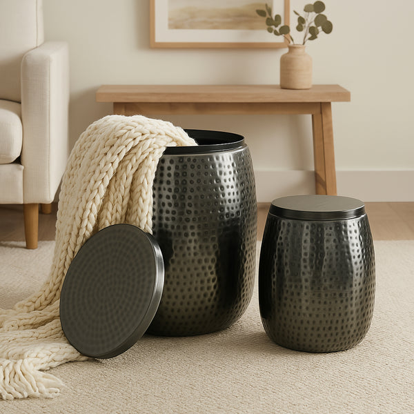 Merida Modern Rustic 2-Piece Hammered Metal Drum Storage Side Tables with Lids