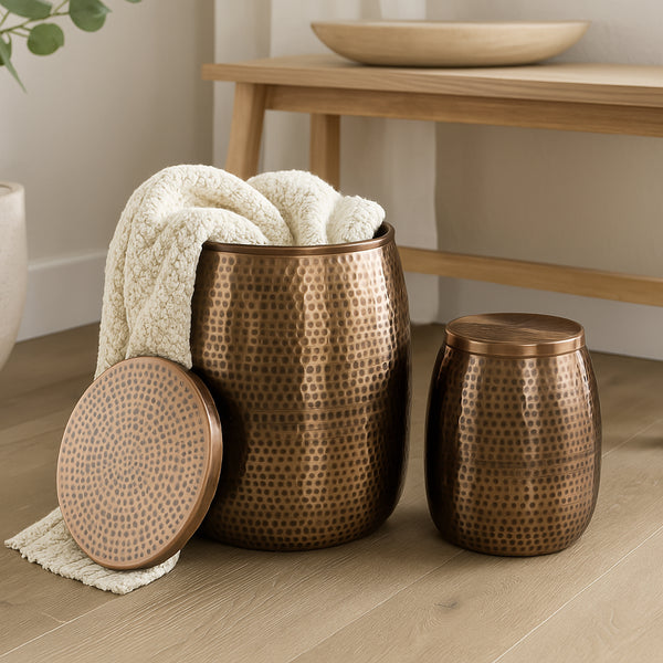 Merida Modern Rustic 2-Piece Hammered Metal Drum Storage Side Tables with Lids