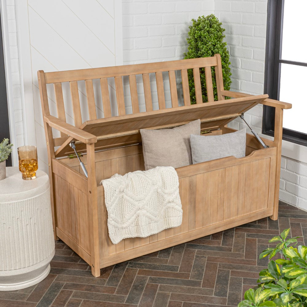 Sophie 48" Traditional Farmhouse Lift-Top Acacia Wood Storage & Entry Bench - Happimess