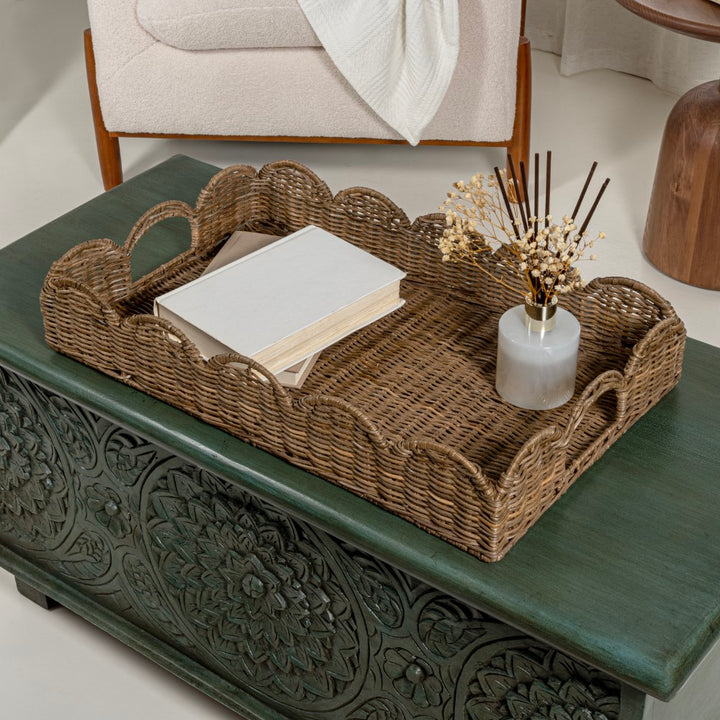 Scalloped 21.5 in. Southwestern Cottage Hand-Woven Rattan Tray with Ha