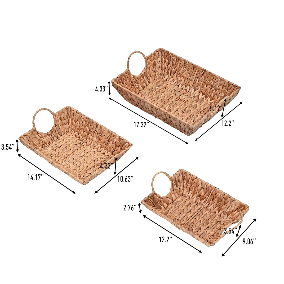Rowan Bohemian Cottage Handwoven Hyacinth Rectangular Decorative Basket Trays with Handles (Set of 3) - Happimess