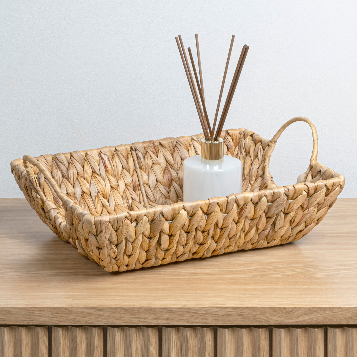 Rowan Bohemian Cottage Handwoven Hyacinth Rectangular Decorative Basket Trays with Handles (Set of 3) - Happimess