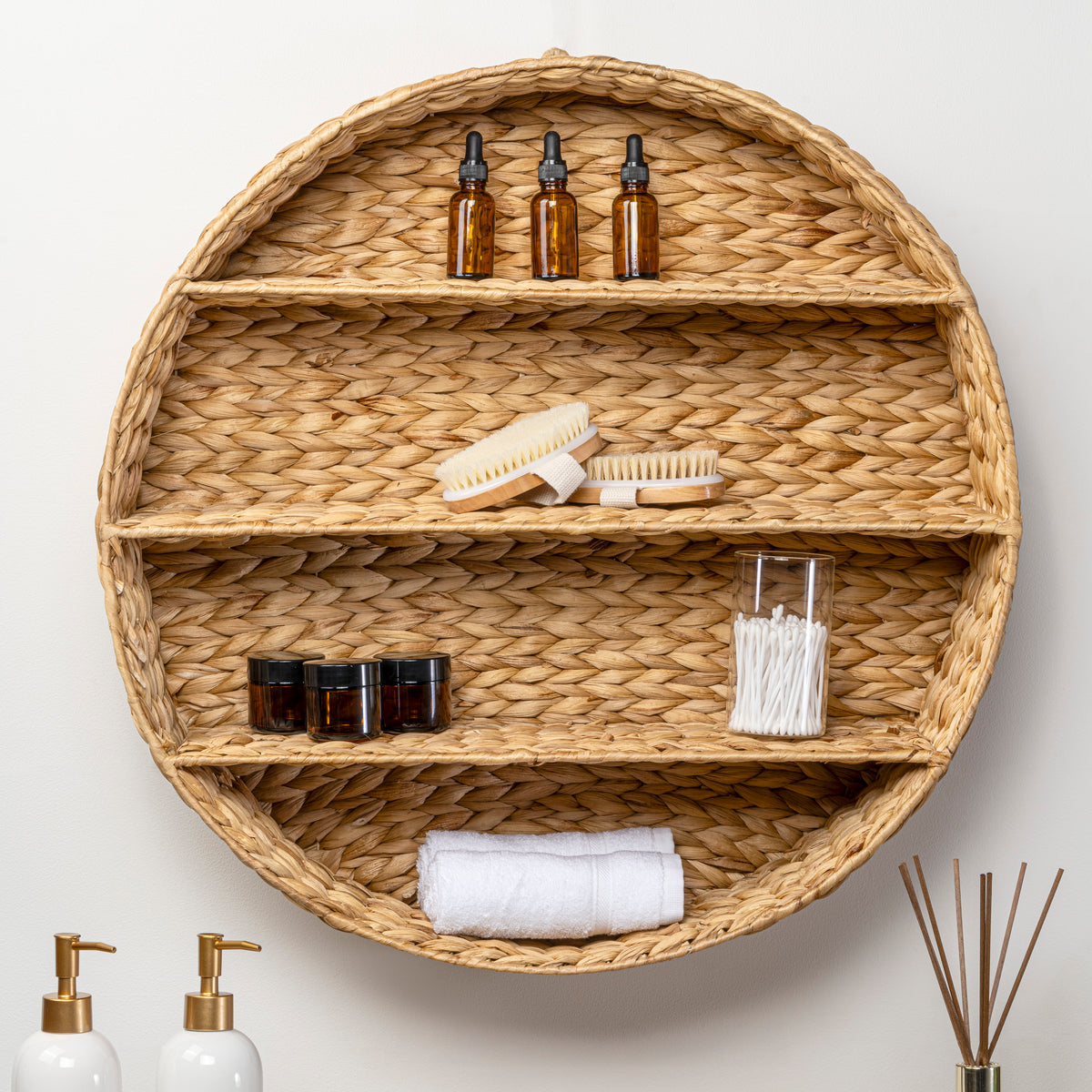 Annulus 24.61" 3-Shelf Circular Handwoven Hyacinth Wall Rack - Happimess