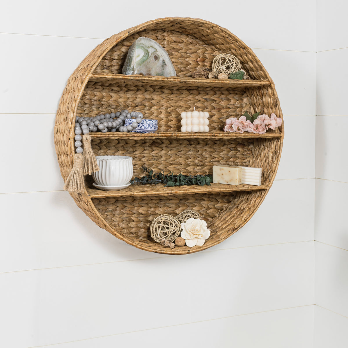 Annulus 24.61" 3-Shelf Circular Handwoven Hyacinth Wall Rack - Happimess