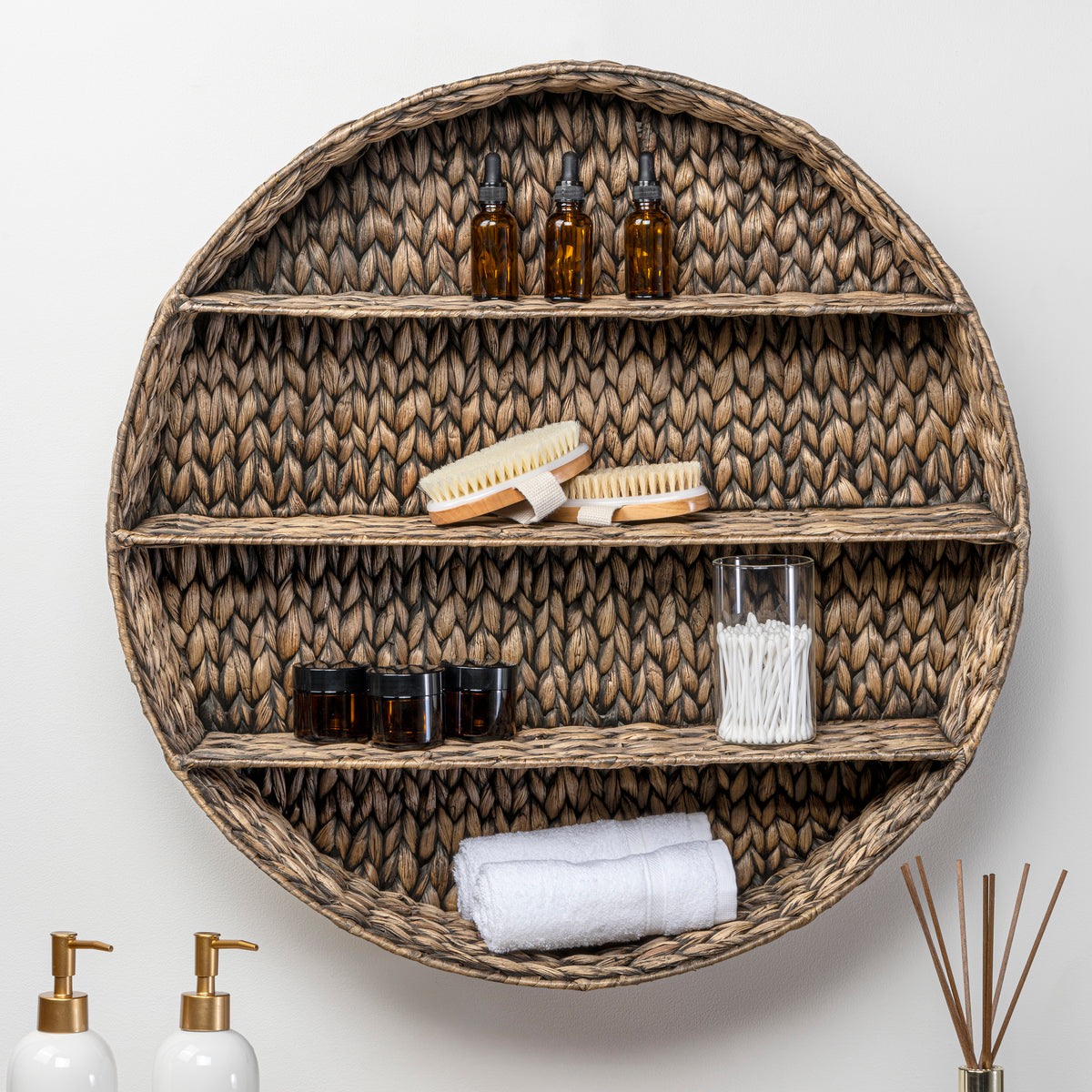 Annulus 24.61" 3-Shelf Circular Handwoven Hyacinth Wall Rack - Happimess