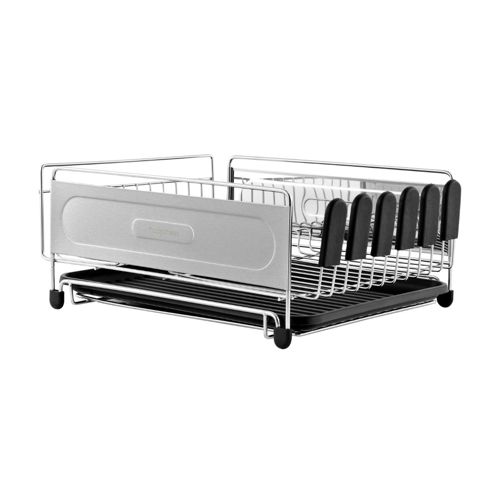 Happylost Large Dish Drying Rack Drainboard Set, 2 Tier Stainless Steel Dish Racks with Drainage, Wine Glass Holder, Utensil Holder and Extra Drying Mat, Dish