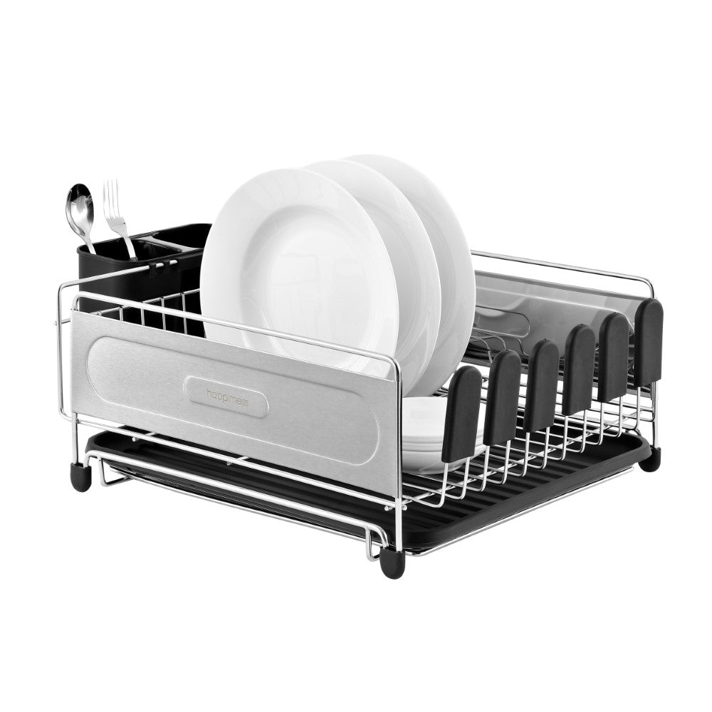 Compact Dish Drying Rack & Drain Tray With Wine Glass Holder - Happimess